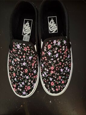 Vans Black Slip-On Sneakers with Pink & Lavender Floral Print